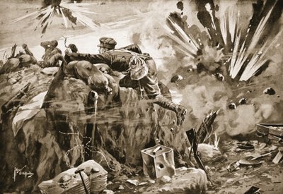 El soldado Jewson saliendo de su trinchera bajo un intenso fuego de artillería para rescatar a los heridos y traer a los muertos de Edgar Alfred Holloway