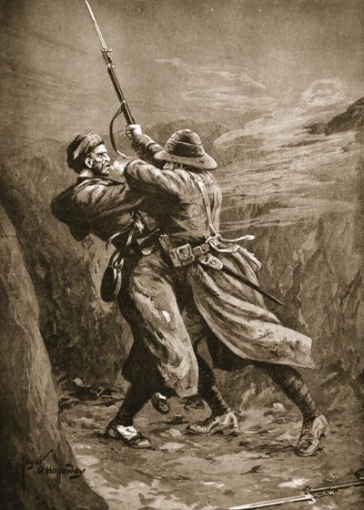 El soldado Lavin luchando con un bombardero turco en una trinchera británica en Suvla Bay, Gallipoli de Edgar Alfred Holloway
