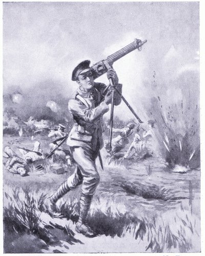 El Soldado Lynn llevando una ametralladora para reparar bajo fuego intenso en la Batalla de Aisne. Condecorado con la DCM 1915 de Edgar Alfred Holloway