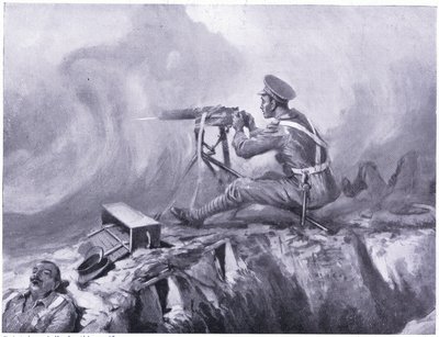 El soldado Lynn muriendo por envenenamiento de gas, maneja una ametralladora y repele un ataque alemán. Ypres abril 1915 de Edgar Alfred Holloway