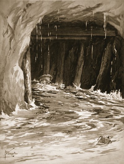 El cabo segundo Collier luchando por salir de una galería de mina casi llena de agua después de completar su trabajo de Edgar Alfred Holloway