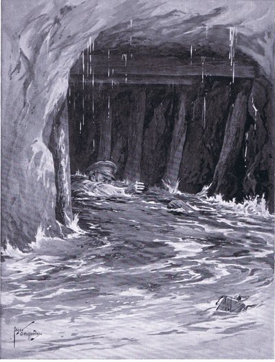 El segundo cabo Collier luchando por salir de una galería de minas casi llena de agua después de completar su trabajo (DCM) de Edgar Alfred Holloway