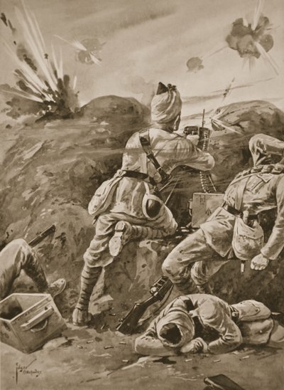 El sepoy Khudadad manejando una ametralladora después de que el resto del destacamento de la ametralladora hubiera sido asesinado de Edgar Alfred Holloway