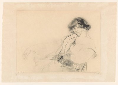 Mujer joven con un moño en el pelo sentada en una silla de Edgar Chahine (signed by artist)