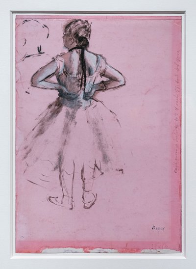 Bailarina, vista trasera, manos en las caderas. Alrededor de 1873. Pintura al óleo sobre papel. de Edgar Degas