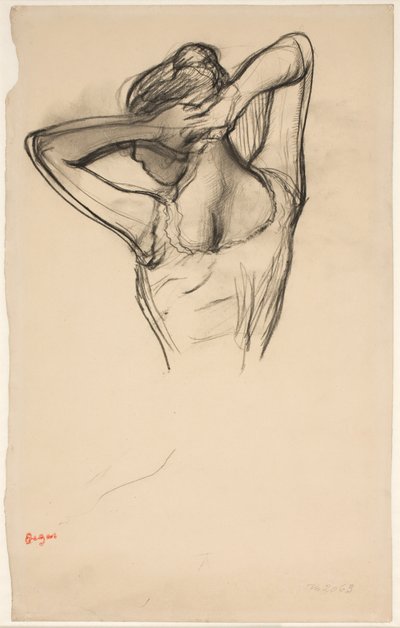 Bailarina arreglándose el cabello; medio cuerpo de perfil a la izquierda, medio de espaldas de Edgar Degas