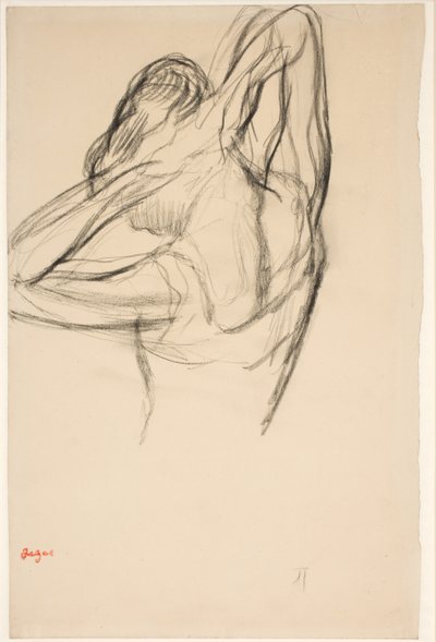 Bailarina arreglándose el cabello; medio cuerpo en perfil hacia la izquierda, medio de espaldas de Edgar Degas