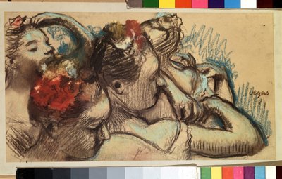 bailarines Bailarinas (bailarinas estrella) ajustando sus atuendos en los camerinos (backstage) antes de salir a bailar al escenario. Dibujo de Edgar Degas (1834-1917) de Edgar Degas