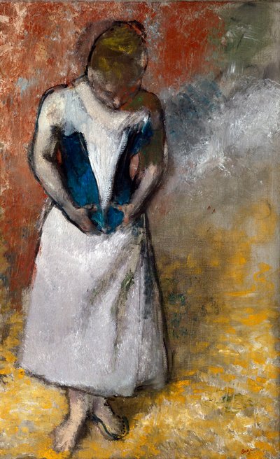 Mujer de frente, abrochando su corsé de Edgar Degas