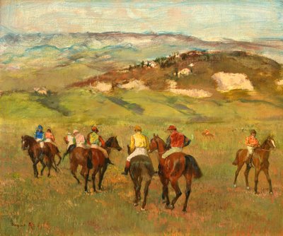 Jinetes a caballo ante colinas distantes de Edgar Degas