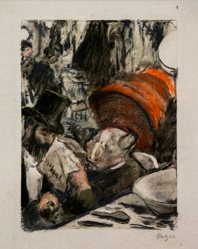 Ludovic Halevy escuchando la historia de Madame Cardinal en un camerino de Edgar Degas