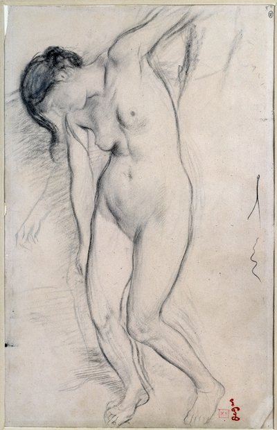 Estudio de mujer desnuda de pie para “escena de guerra en la Edad Media”. Dibujo de Edgar Degas (1834-1917), circa 1863-1865). Dim: 0.35 X 0.22m. París, Museo de Orsay de Edgar Degas