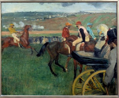 El hipódromo, jinetes aficionados cerca de un coche de Edgar Degas