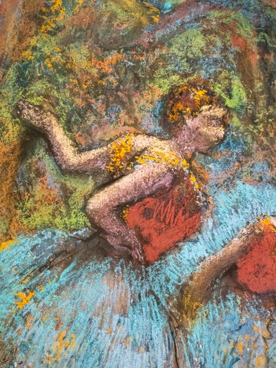 Tres bailarinas (faldas azules, corsés rojos) (detalle) de Edgar Degas
