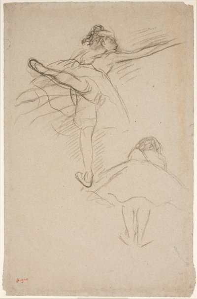 Dos estudios de bailarinas. Arriba bailarina de pie sobre la pierna izquierda; abajo bailarina inclinada hacia adelante vista desde la espalda de Edgar Degas