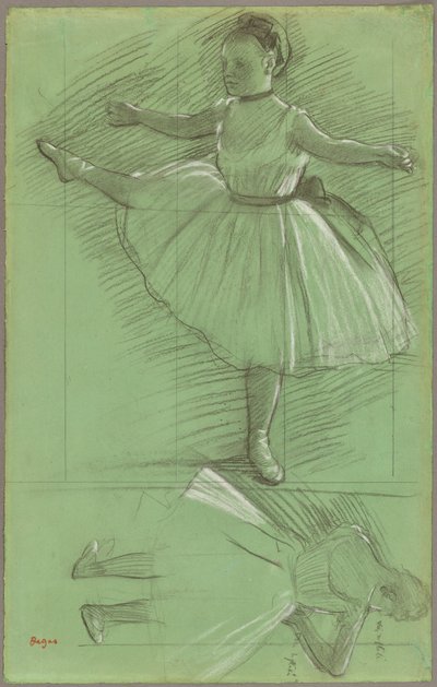 Dos estudios de bailarinas, c.1873 (tiza blanca y negra sobre papel verde) de Edgar Degas