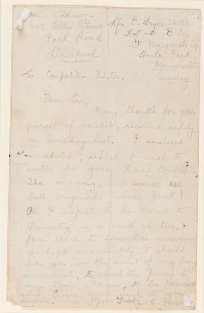 Carta al editor de un concurso de periódico, 1914-18 de Edgar Fryer
