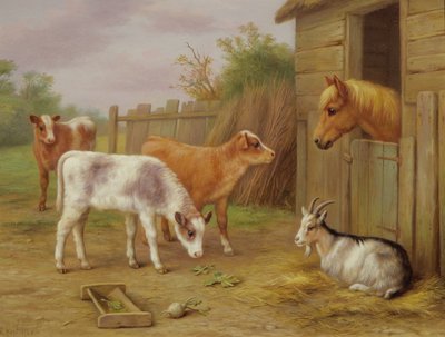 Escena de corral (óleo sobre tabla) de Edgar Hunt