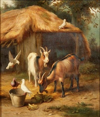 Cabras y palomas en un corral de Edgar Hunt