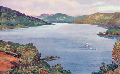 Un vistazo al gran lago artificial de Riberao das Lages, construido por la Compañía de Tranvías, Luz y Fuerza de Río de Janeiro (litografía en color) de Edgar L. Pattison