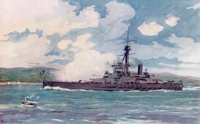 El superacorazado brasileño "Minas Geraes" se acerca a Río (litografía en color) de Edgar L. Pattison