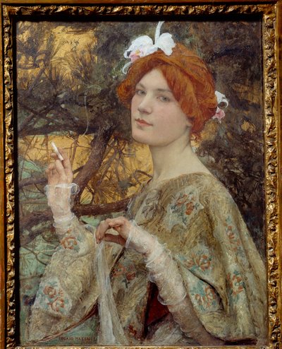 Una joven pelirroja con un cigarrillo en la mano y una orquídea en el pelo de Edgar Maxence