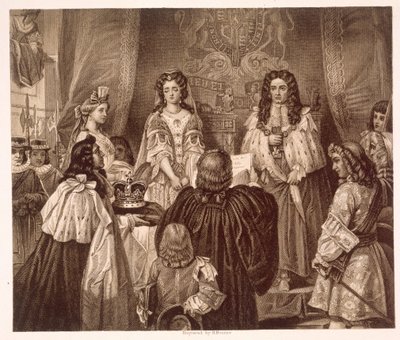 La corona ofrecida a Guillermo y María por los Lores y Comunes en Whitehall, 12 de febrero de Edgar Melville (after) Ward