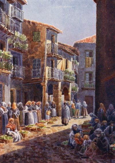 Norte de España: Béjar, un rincón en la plaza del mercado (litografía en color) de Edgar T. A. Wigram