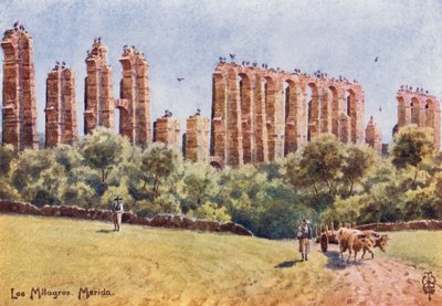 Norte de España: Mérida, "Los Milagros", las ruinas del Gran Acueducto (litografía en color) de Edgar T. A. Wigram