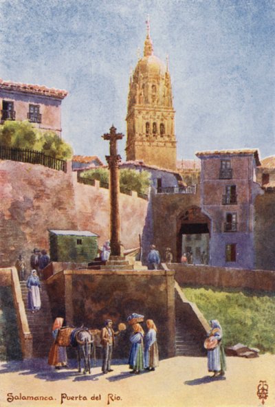 Norte de España: Salamanca, La Puerta del Río, con la Torre de la Catedral (litografía en color) de Edgar T. A. Wigram