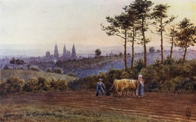 Norte de España: Santiago de Compostela, Desde el Camino de Lugo (litografía en color) de Edgar T. A. Wigram