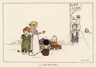 Pequeñas vendedoras de flores (litografía en color) de Edith Farmiloe