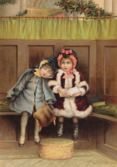 dos niñas, en, iglesia, en, navidad, mañana, (chromolitho), de Edith S. Berkeley