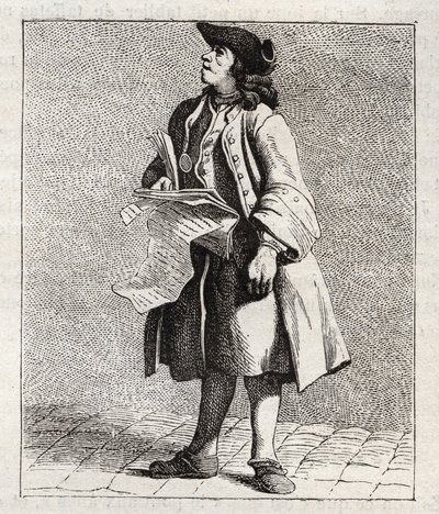 El pregonero de los números ganadores (Lotería) - Pequeño oficio de París (Études prises dans le bas Peuple, ou les Cris de Paris) - grabado por Edme Bouchardon (1698-1762) de Edmé Bouchardon