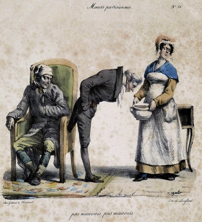 Enfermo, doctor mirando en la olla y sirviente. Caricatura de costumbres parisinas por Pigal (siglo XIX), conservada en el Museo Dobree en Nantes de Edme Jean (after) Pigal