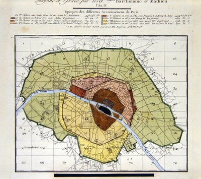 (detalle) de Atlas du Plan General de la Ville de Paris, mostrando las diferentes adiciones a lo largo de la historia de la ciudad de Edme Verniquet