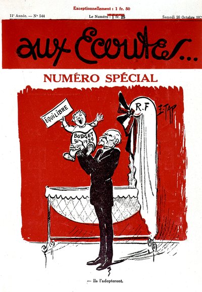 Portada del periódico francés Aux Ecoutes con un bebé que representa el presupuesto de 1929 que va a estar en la cuna (república francesa) de Edmond (1861 1943) Tapissier