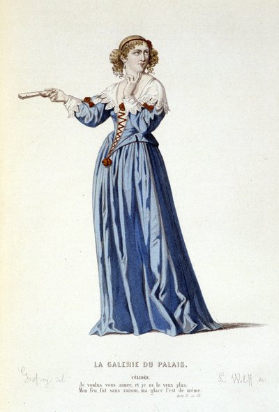 El personaje de Celidee en la comedia La galería del palacio o la amiga rival - Teatro completo: (Colección de obras de teatro de Corneille) dibujo de Geffroy, grabado por L. Wolff - ed. Laplace, Sanchez et Cie, París 1884 de Edmond Aime Florentin Geffroy