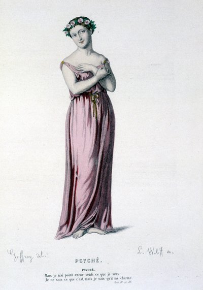 El personaje de Psique en la tragi comedia y ballet Psique, Moliere y Corneille - Teatro completo: (Colección de obras de Corneille) dibujo de Geffroy, grabado por L. Wolff - ed. Laplace, Sanchez et Cie, París 1884 de Edmond Aime Florentin Geffroy