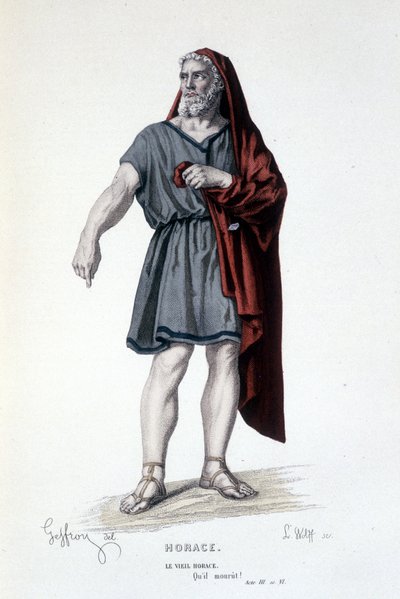 El personaje del viejo Horacio en la tragedia Horacio - Teatro Completo: (Colección de obras de Corneille) dibujo de Geffroy, grabado por L. Wolff - ed. Laplace, Sanchez y Cie, París 1884 de Edmond Aime Florentin Geffroy