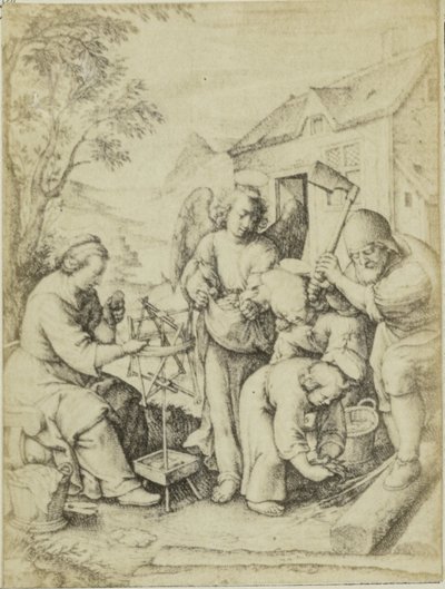 Fotoreproductie van de gravure La puerta de fichas Hieronymus Wierix Chips (título en el objeto) de Edmond Fierlants