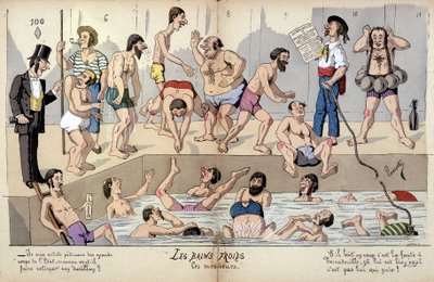 Caricatura sobre la sociedad francesa por Lavrate: baños públicos de Edmond Lavrate