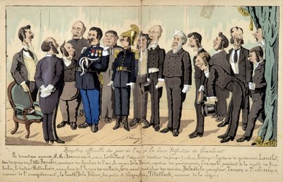 Caricatura sobre la sociedad francesa por Lavrate: las diferentes figuras del servicio civil, servicios administrativos... en una recepción oficial. 1880 de Edmond Lavrate
