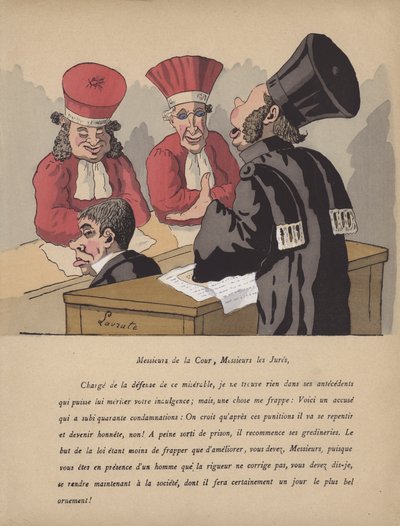 Escena en la sala del tribunal (litografía en color) de Edmond Lavrate