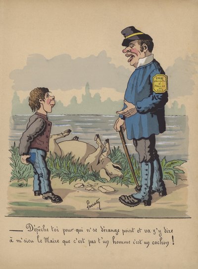 Guarda de caza y niño con un cerdo muerto de Edmond Lavrate