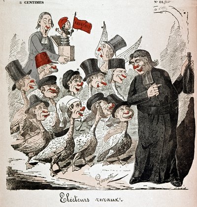 Votantes rurales: votantes representados como gansos y atraídos por un sacerdote con alcohol - dibujo de Lavrate de Edmond Lavrate