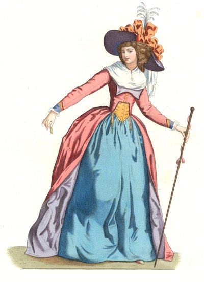Mujer francesa a la moda del siglo XVIII - Litografía basada en una ilustración de Edmond Lechevallier-Chevignard (1825-1902), de “Trajes históricos del siglo XVI” de Edmond Lechevallier Chevignard