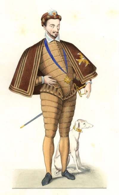 Rey Enrique III de Francia (1551-1589), con el collar de la Orden del Espíritu Santo - Litografía de una ilustración de Edmond Lechevallier-Chevignard (1825-1902), de “Trajes históricos del siglo XVI” de Edmond Lechevallier Chevignard