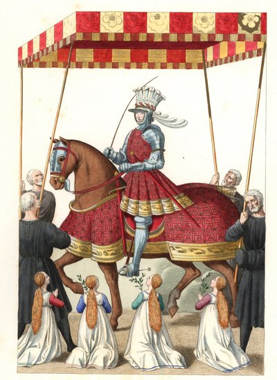 Rey Luis XII de Francia (1462-1515), después de una miniatura de Jean Marot (o Desmarets, circa 1450-circa 1526) - Litografía de una ilustración de Edmond Lechevallier-Chevignard (1825-1902), de "trajes históricos del siglo XVI" de Edmond Lechevallier Chevignard