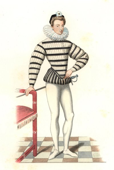 Retrato de Saint-Megrin, caballero francés del siglo XVI, después de una ilustración de Riffaut - Litografía de una ilustración de Edmond Lechevallier-Chevignard (1825-1902), de “Trajes históricos del siglo XVI” de Edmond Lechevallier Chevignard
